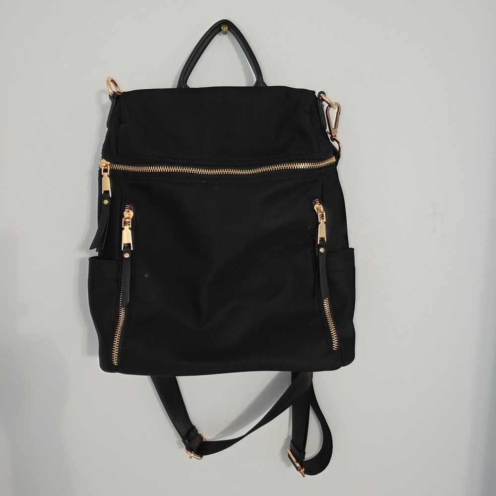 Miztique Black Nylon Convertible Backpack Shoulder Bag Gold Hardware Pinstripe